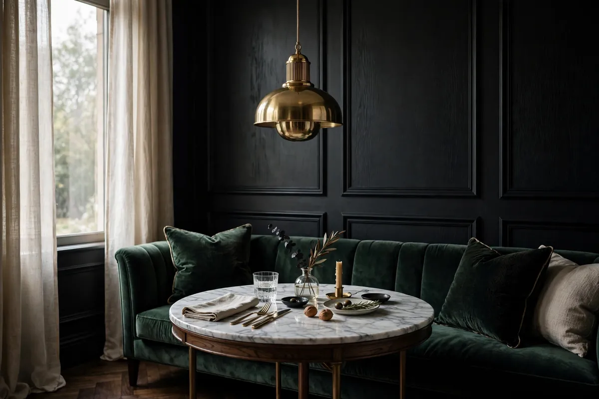 Moody dining nook with dark accent wall