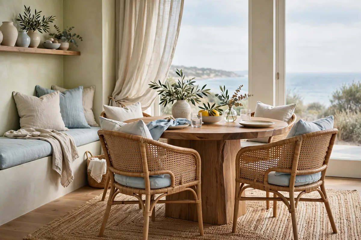 Relaxed dining nook with rattan chairs