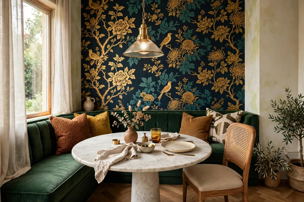 Dining nook with bold wallpaper accent wall