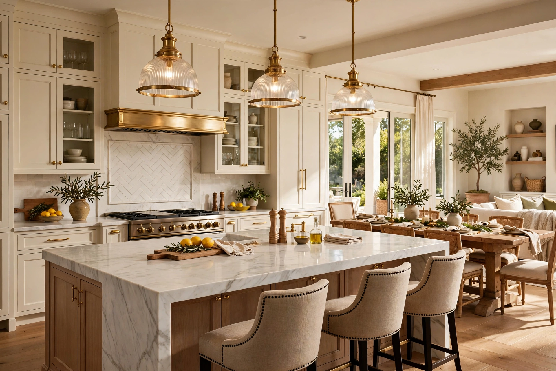 Open kitchen flowing into Nancy Meyers dining area