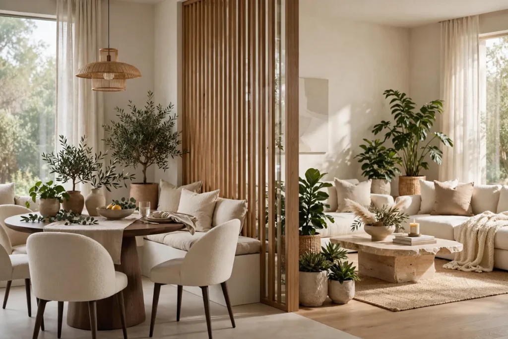 Open-plan dining area with slatted wood divider