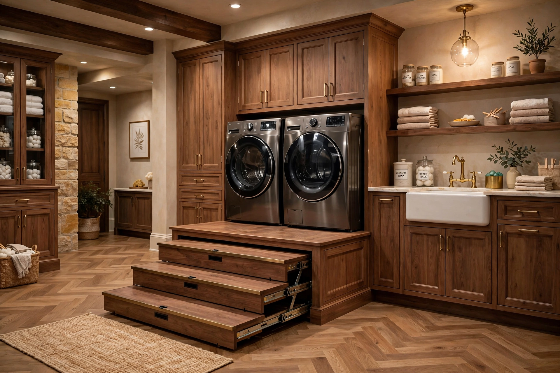 Raised washer dryer platform in basement laundry room