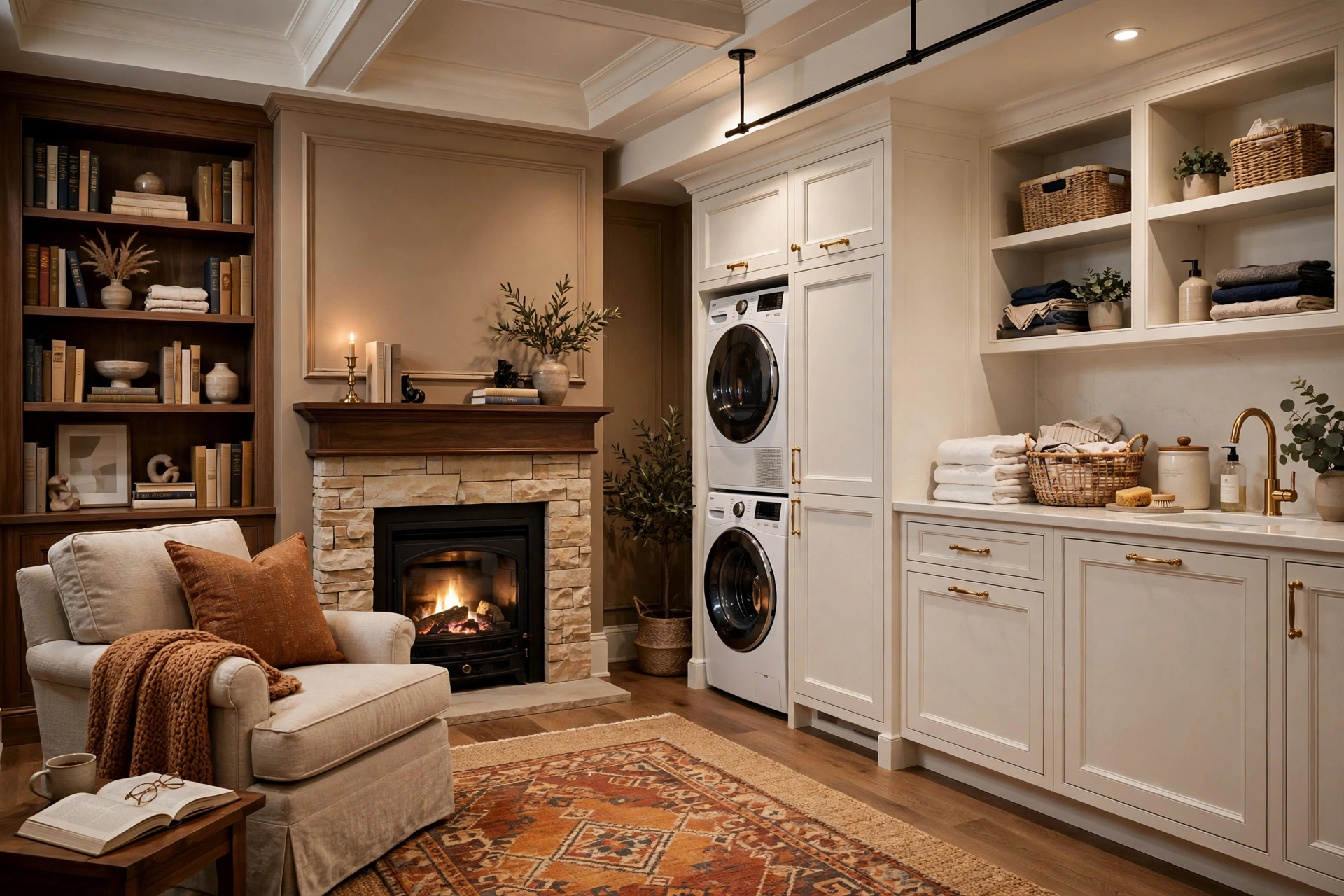 Cozy reading nook beside machines in basement laundry room
