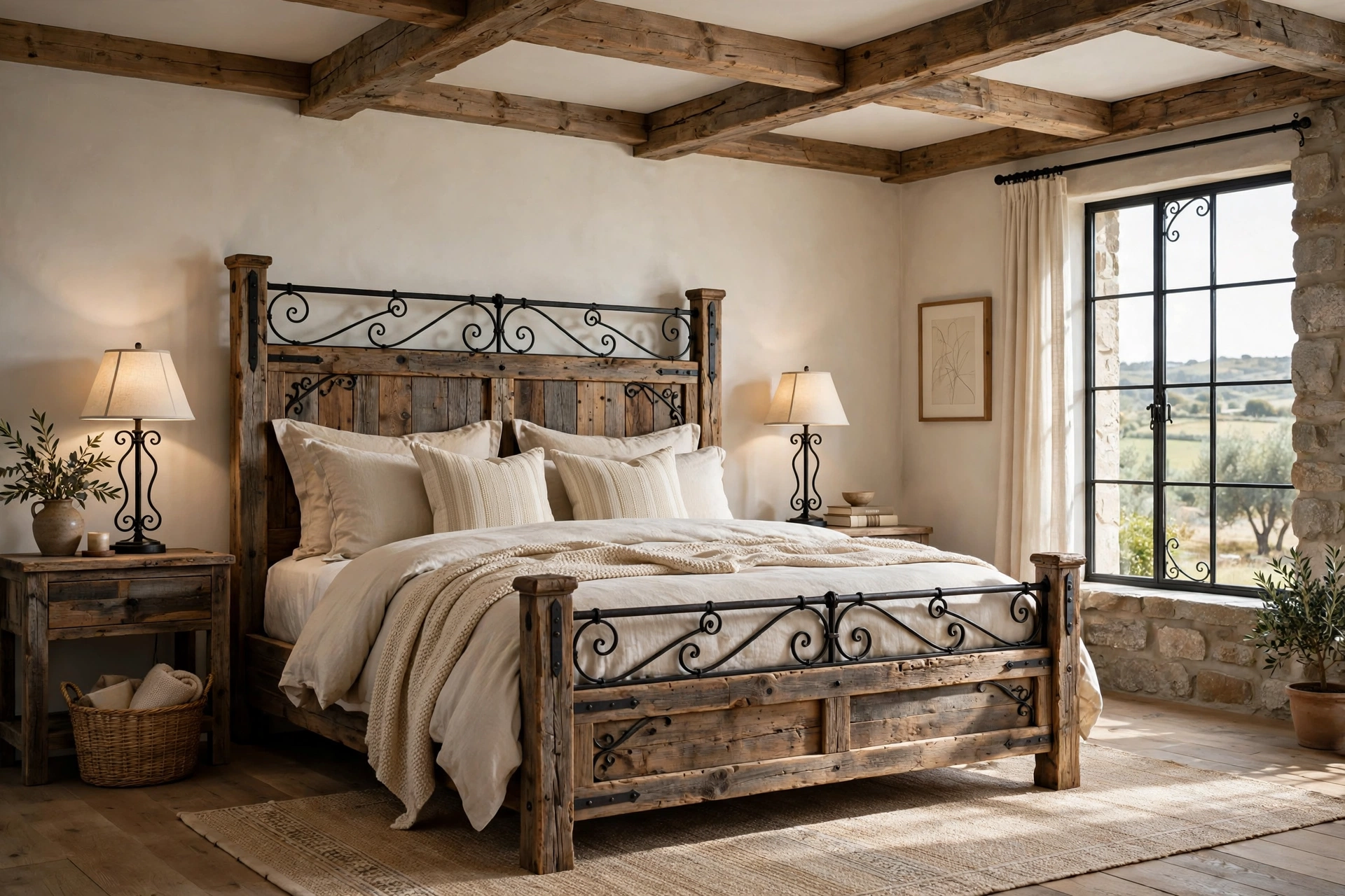 Reclaimed barn wood bed frame in a farmhouse bedroom