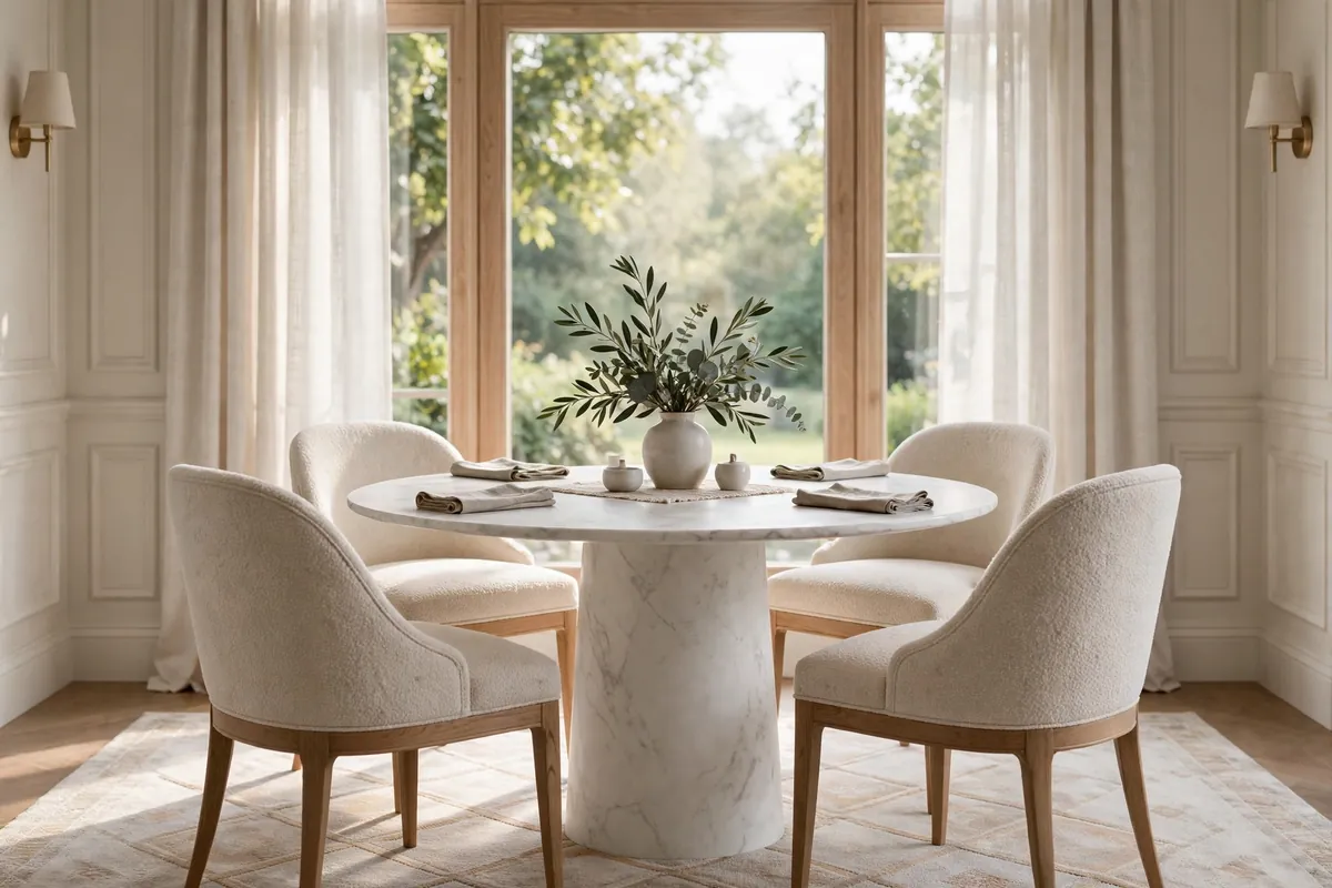 Refined dining nook with round table and upholstered chairs