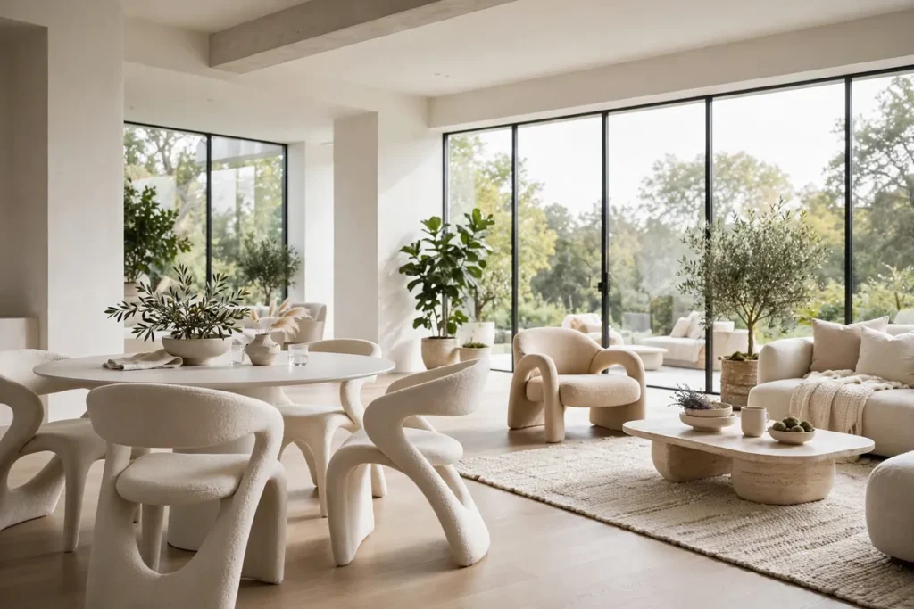Open-plan dining area with round table and sculptural chairs