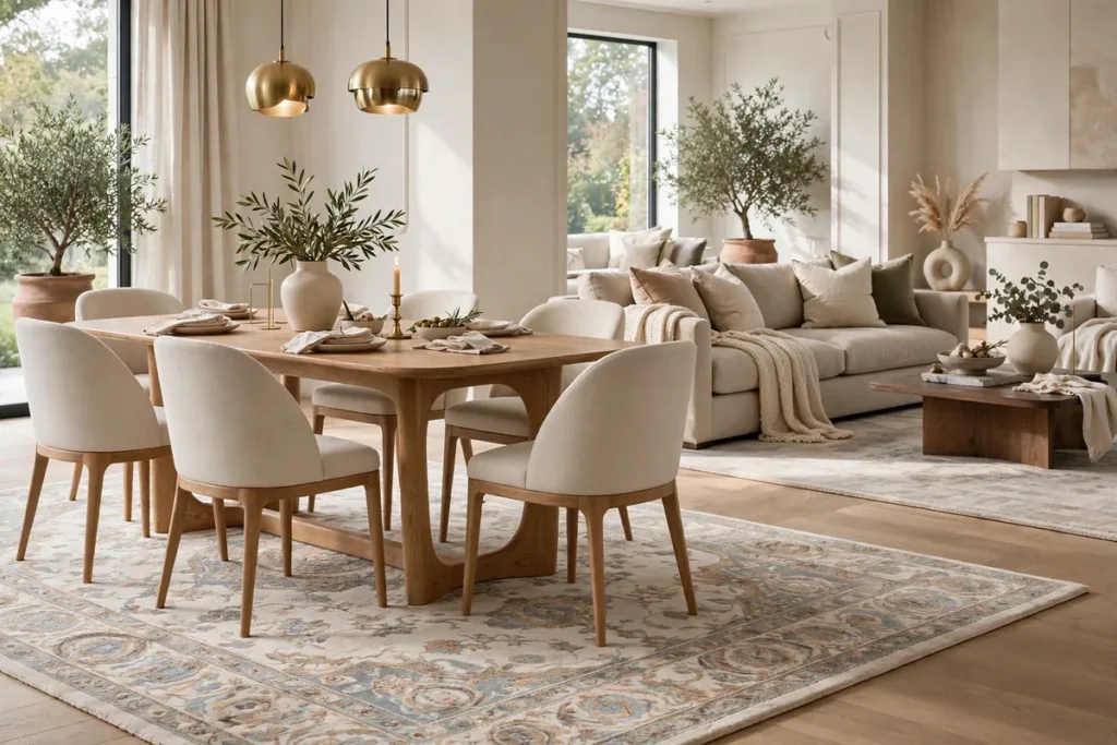 Open-plan dining area zoned by large rug under oak table