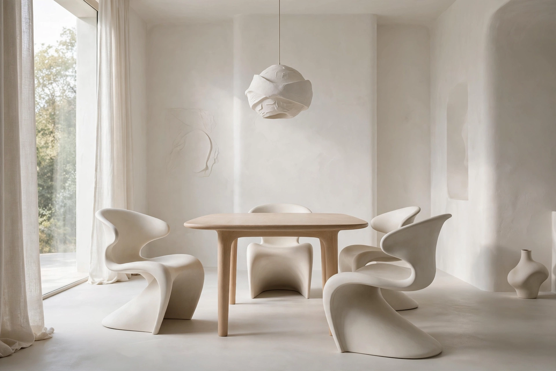 Minimalist dining room with sculptural designer chairs