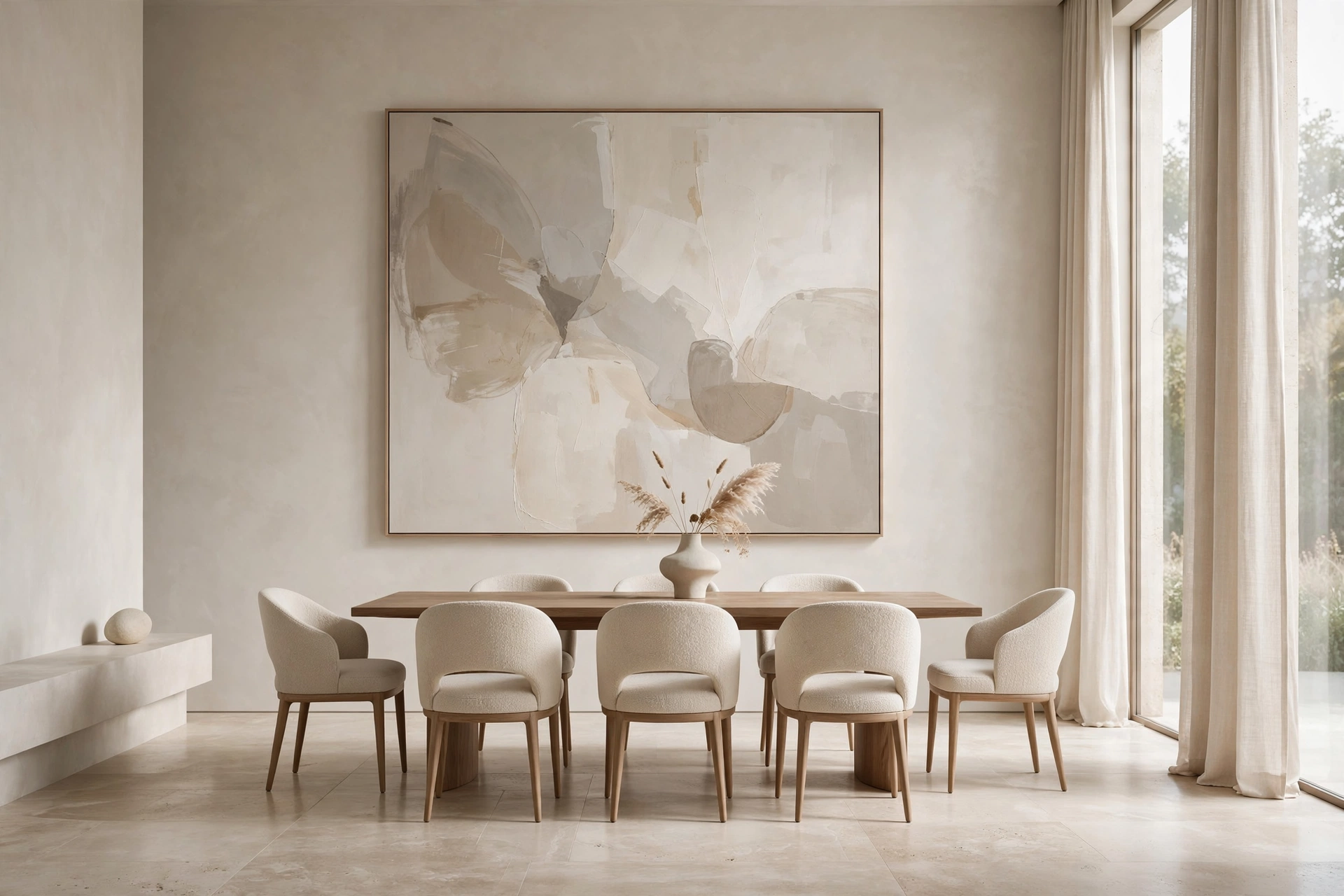 Minimalist dining room with single large art piece