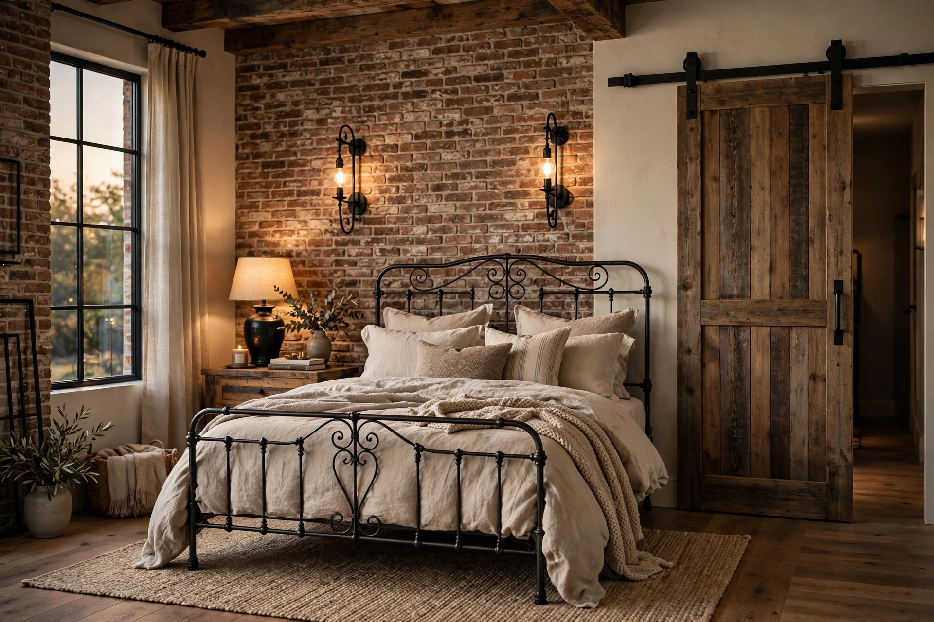 Reclaimed wood sliding barn door on black metal track in industrial farmhouse bedroom