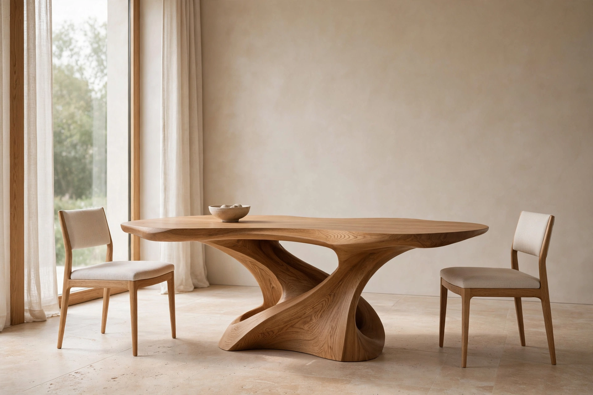 Minimalist dining room with single sculptural oak table