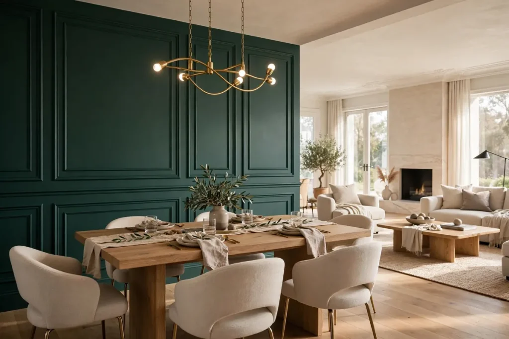 Open-plan dining area defined by statement accent wall