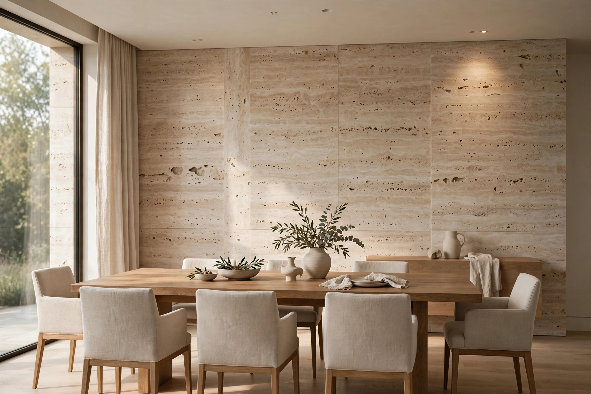 Minimalist dining room with travertine stone accents