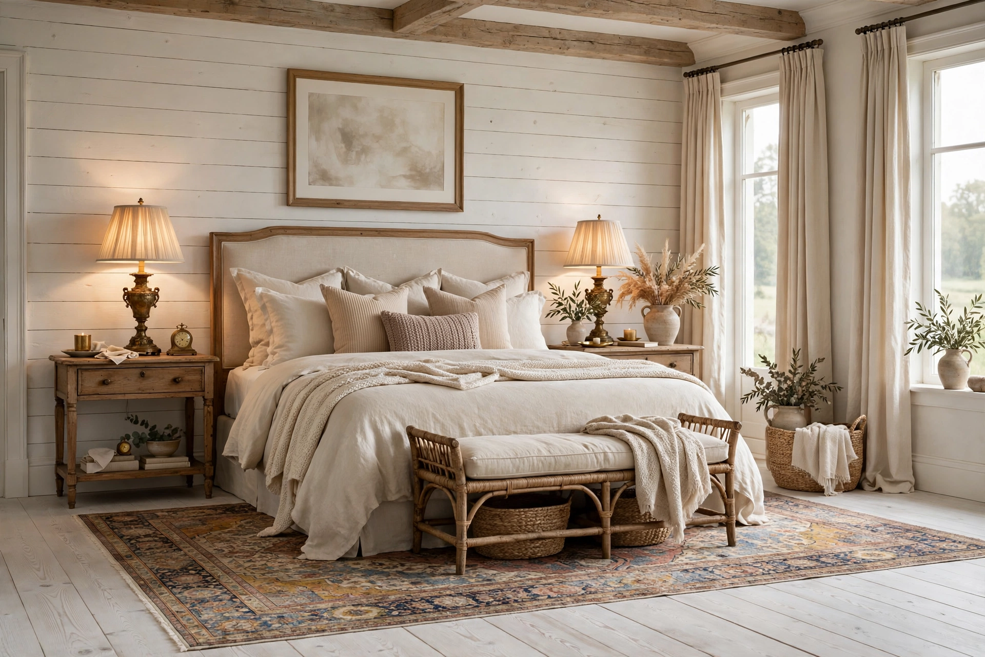 Vintage rug under the bed with brass lamps in farmhouse bedroom