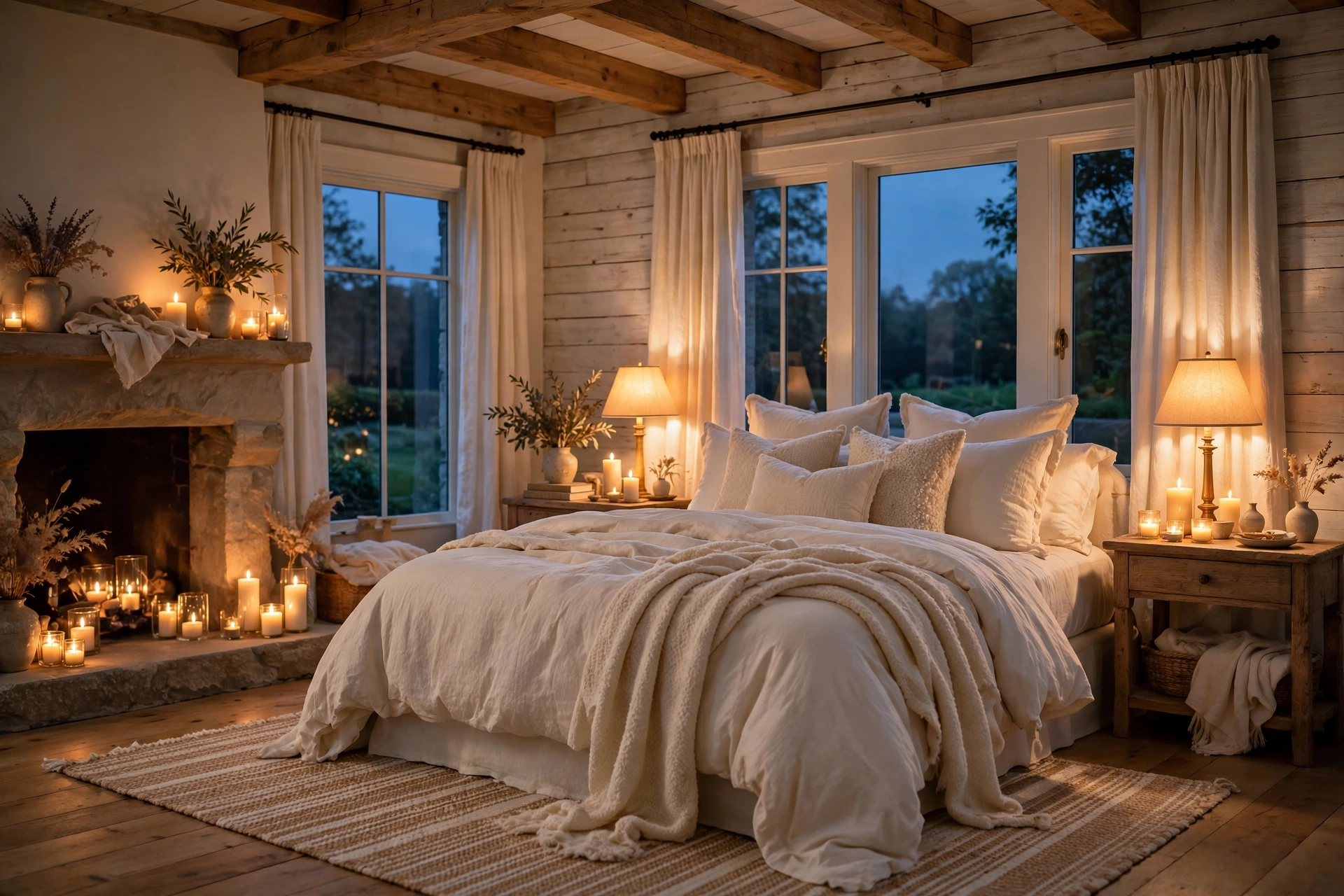 Warm bedside lighting glowing in a farmhouse bedroom at dusk