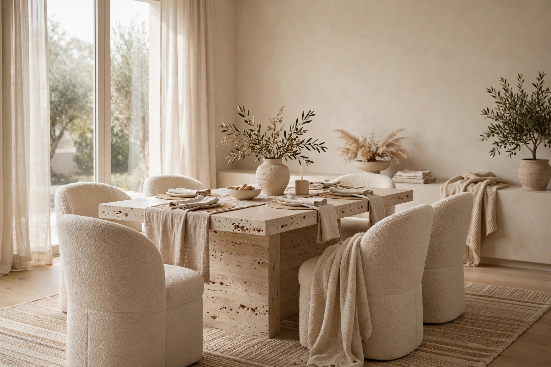 Warm beige minimalist dining room with boucle chairs