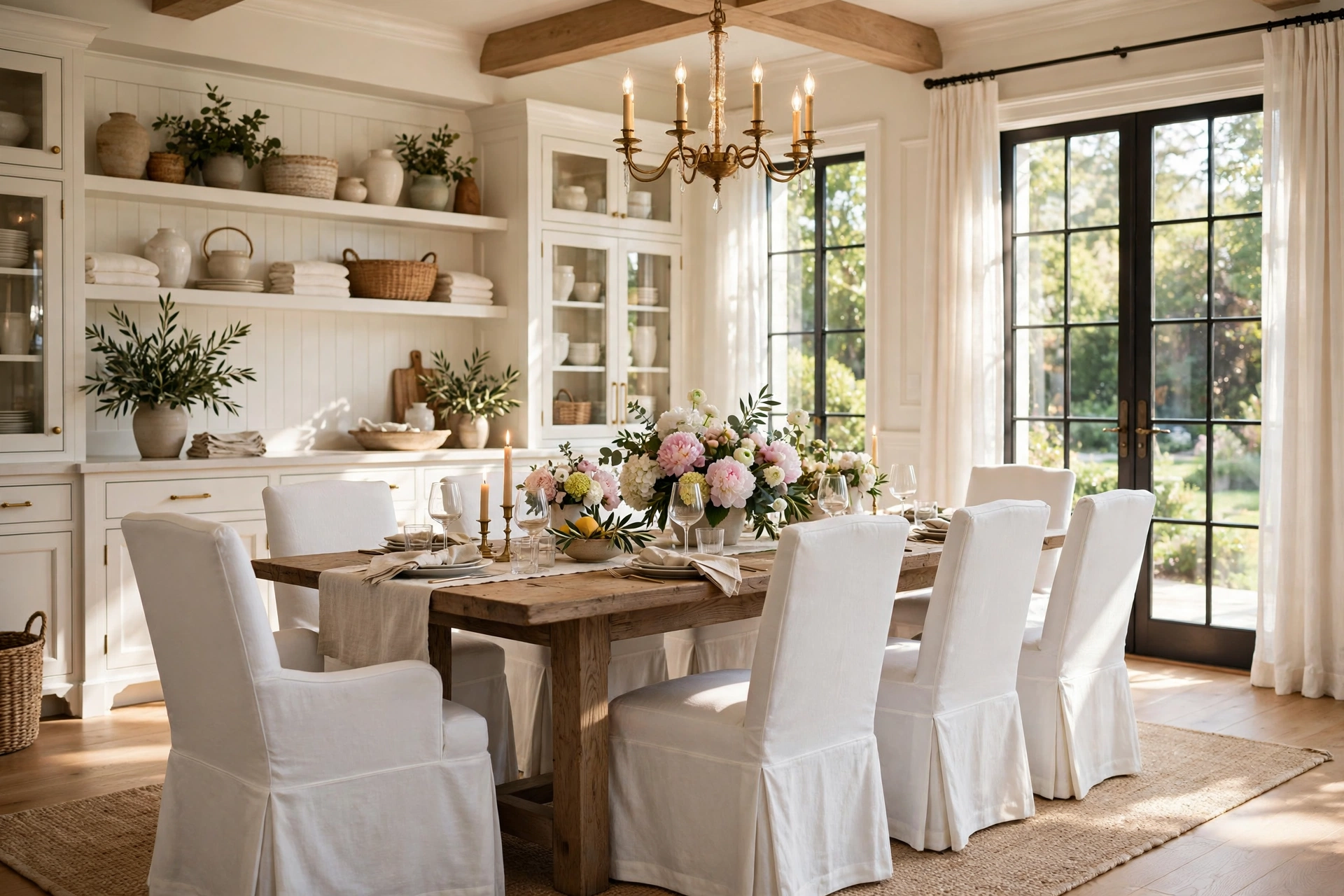 Nancy Meyers dining room with white slipcovered chairs and farmhouse table