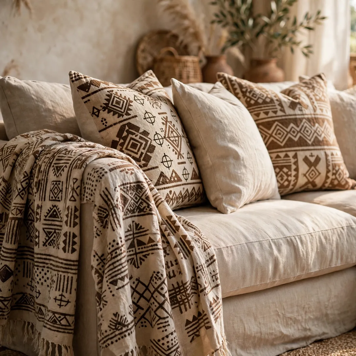afro boho living room: Layer Mudcloth and Bogolan Textiles