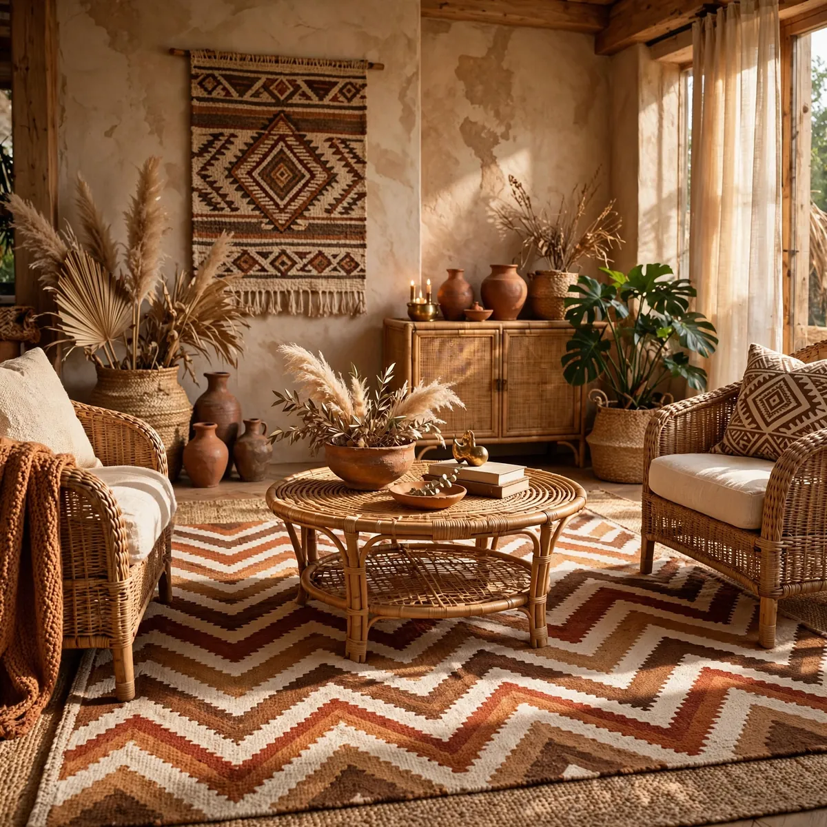 afro boho living room: Anchor the Room With a Patterned Hero Rug