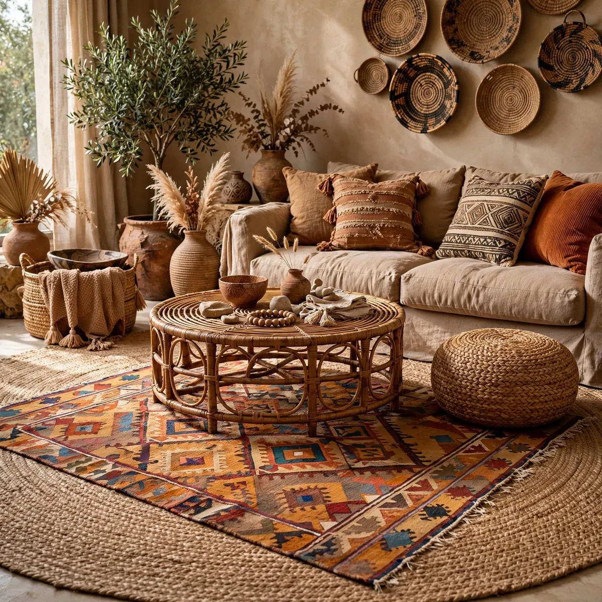 afro boho living room: Double Up Rugs: Jute Base, Pattern on Top