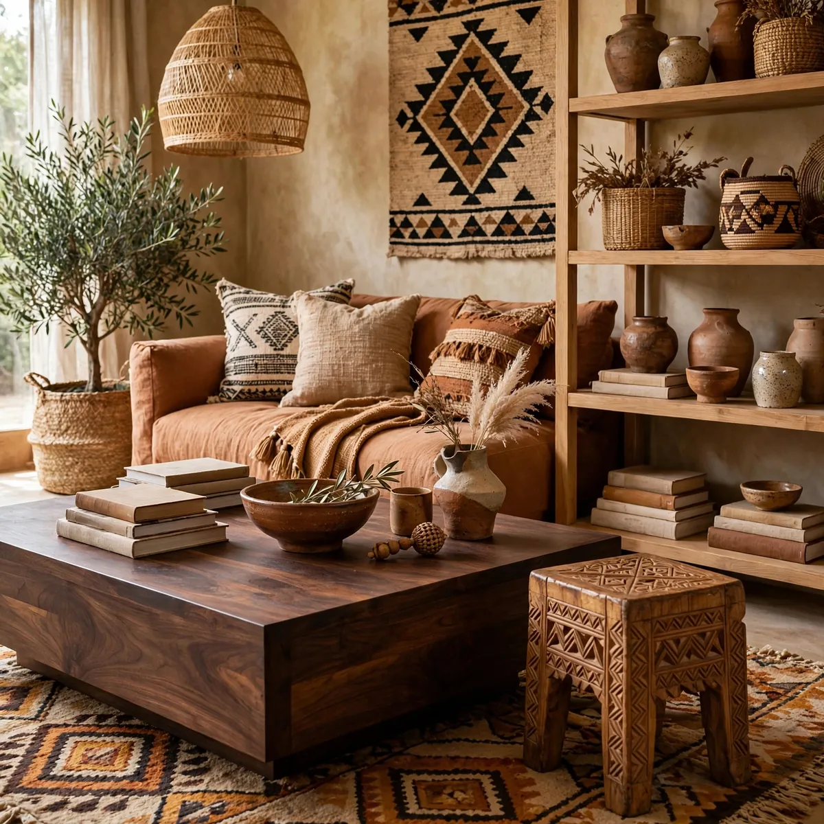 afro boho living room: Mix Warm Woods That Share an Undertone