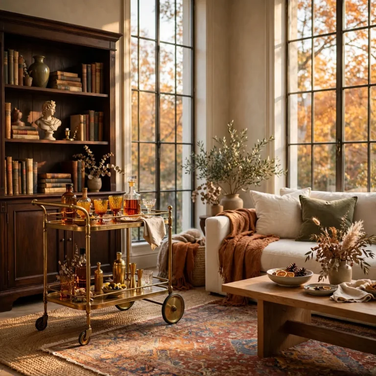 Elegant living room mixing antiques with modern furniture in warm fall light