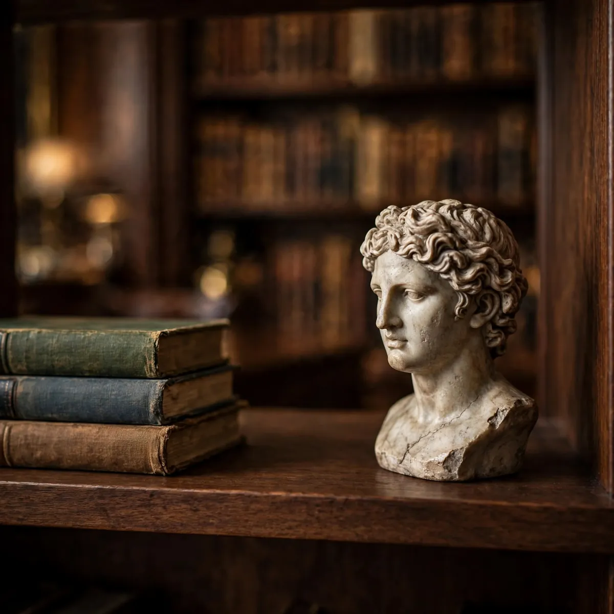 Antique home decor ideas: aged marble bust styled on a dark wood bookshelf