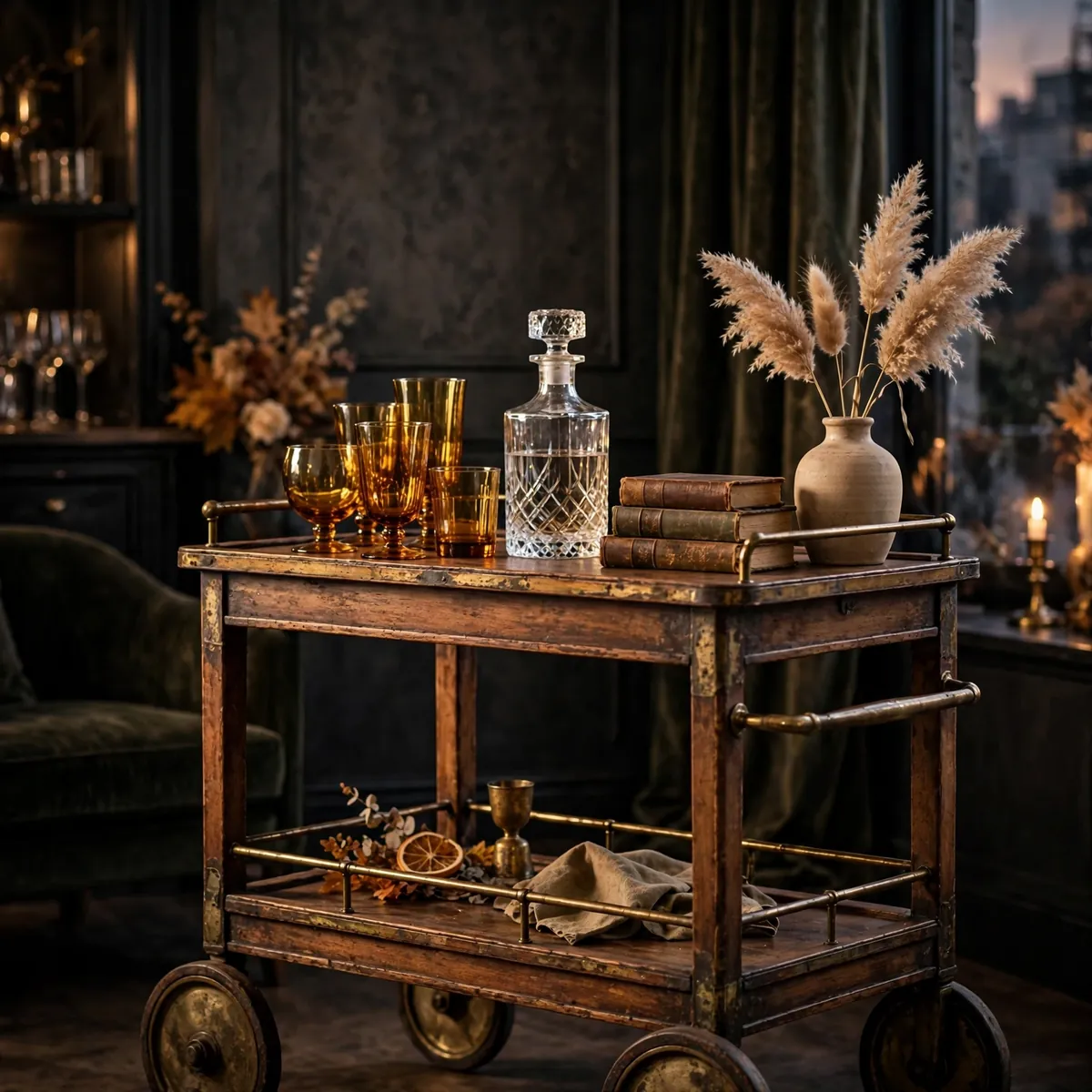 Vintage wooden bar cart with brass details styled with amber glassware for fall