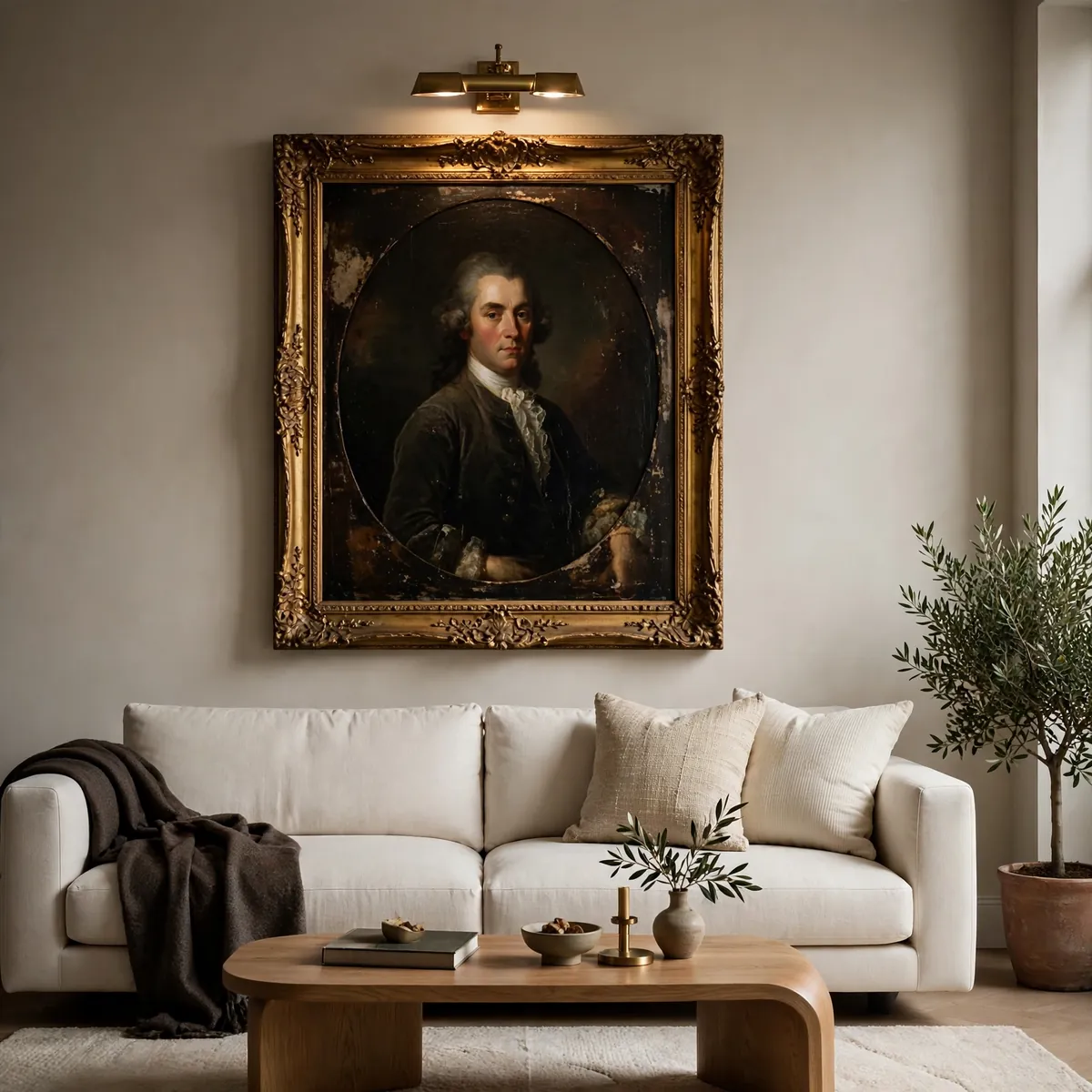 Large dark antique oil portrait in gilt frame hung above a modern cream sofa