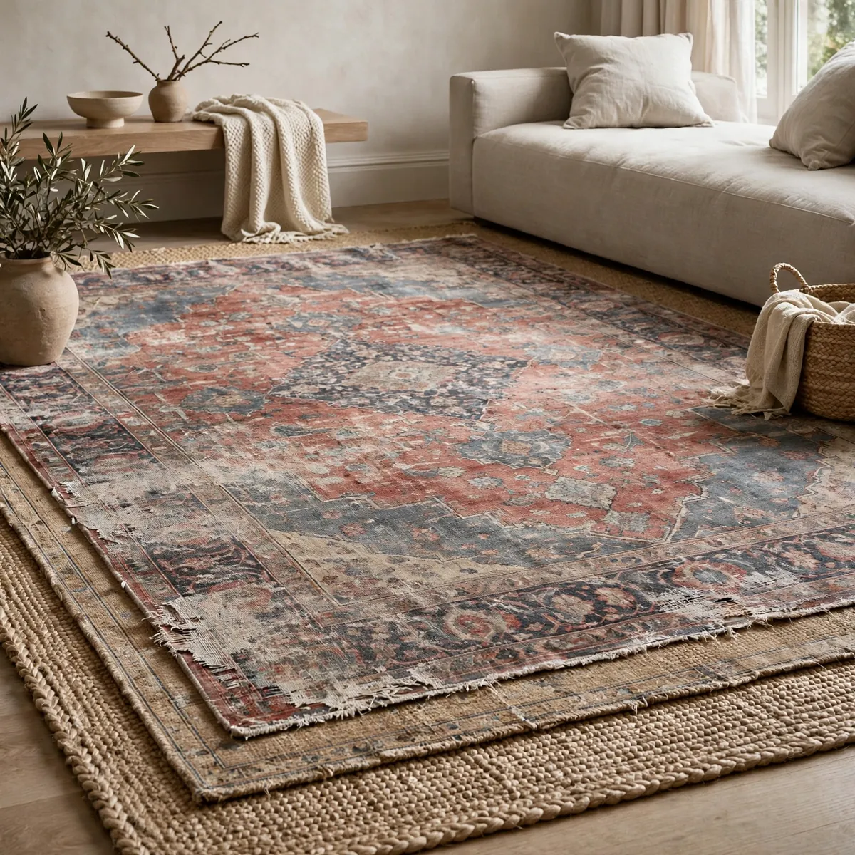 Faded antique Persian rug layered over a natural jute rug in a living room