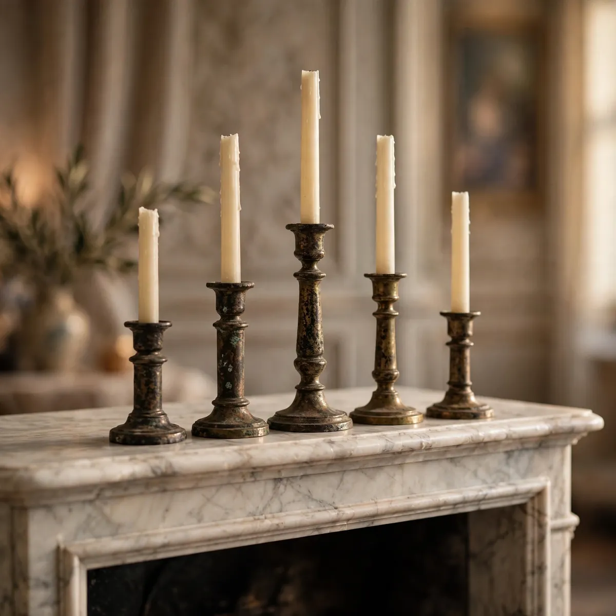 Row of aged brass candlesticks with dark patina on a marble mantelpiece