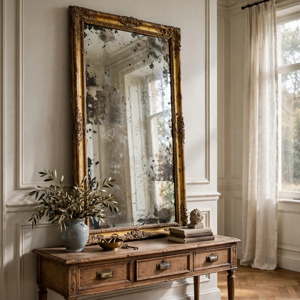Tall antique mirror with foxed aged glass leaning on an entryway console