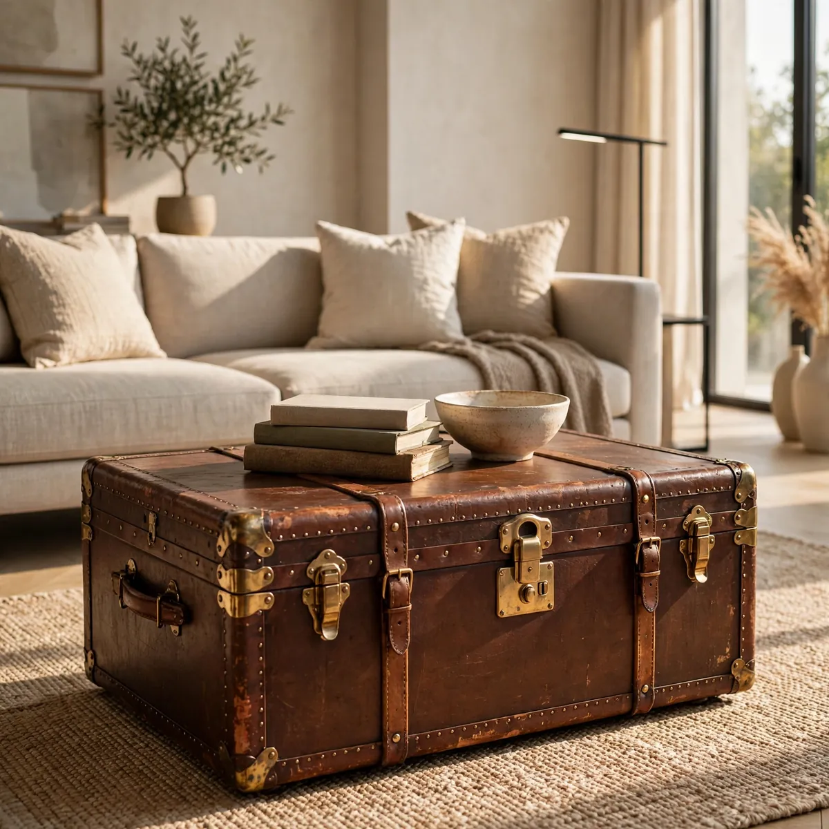 Vintage leather trunk with brass hardware used as a coffee table
