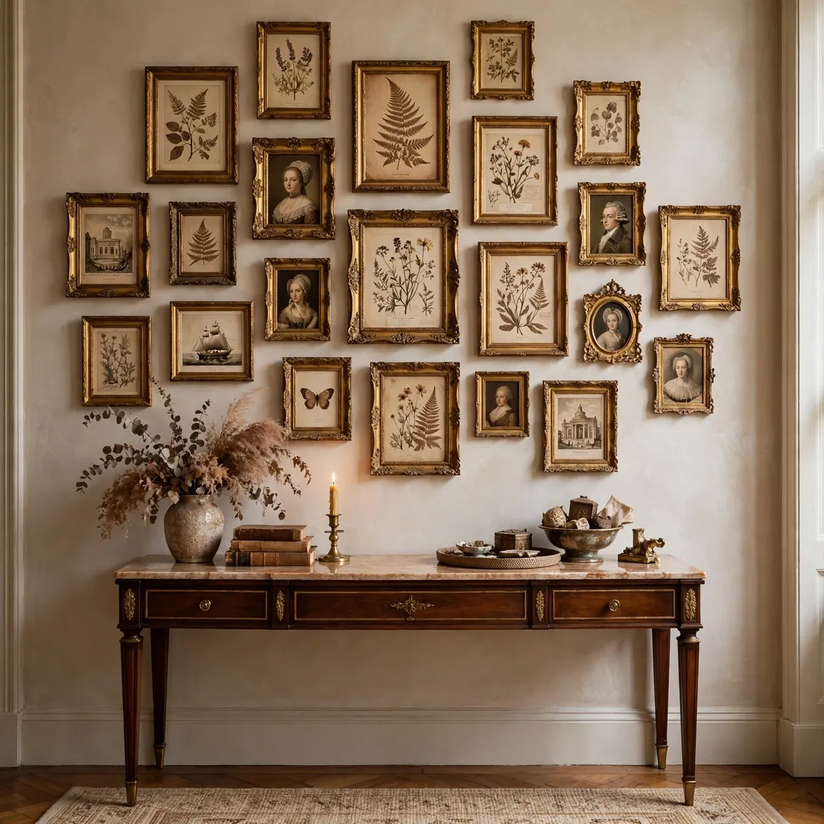 Salon gallery wall of small mismatched antique gilt frames with vintage prints