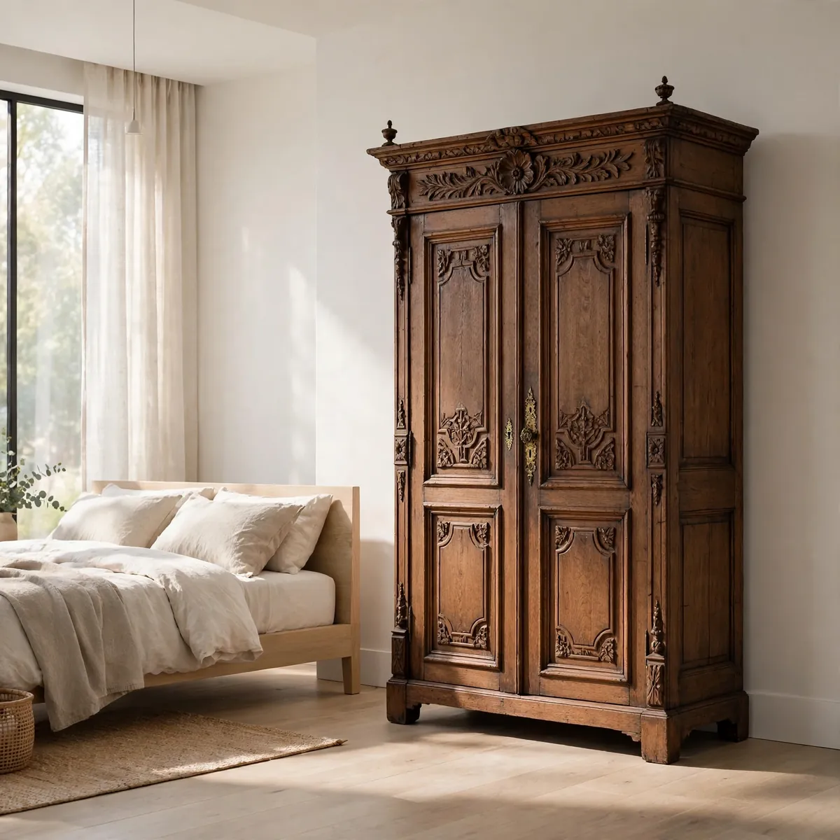 Tall antique carved wooden armoire standing in a bright modern bedroom