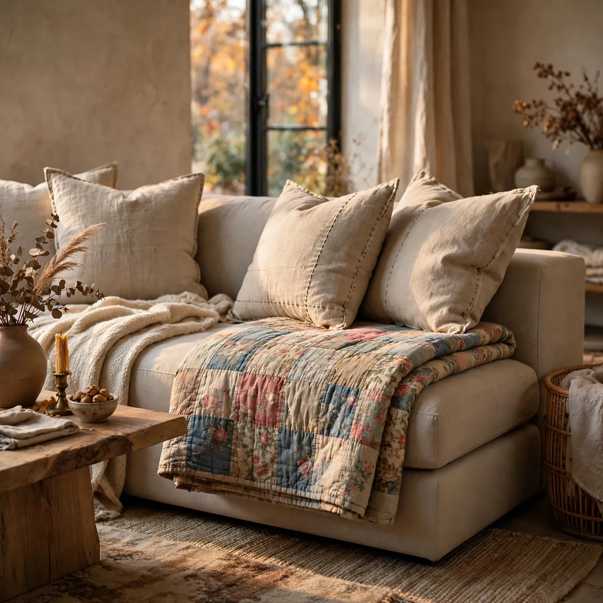 Vintage patchwork quilt folded over a modern sofa with grain-sack pillows