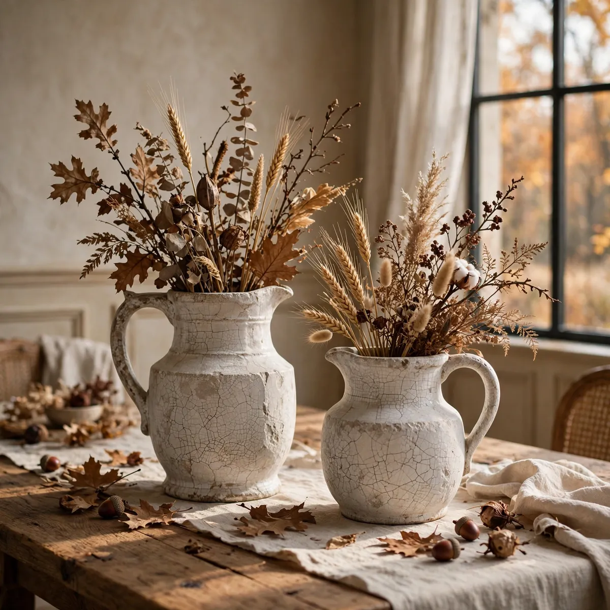 White ironstone pitchers with crazed glaze holding dried fall branches