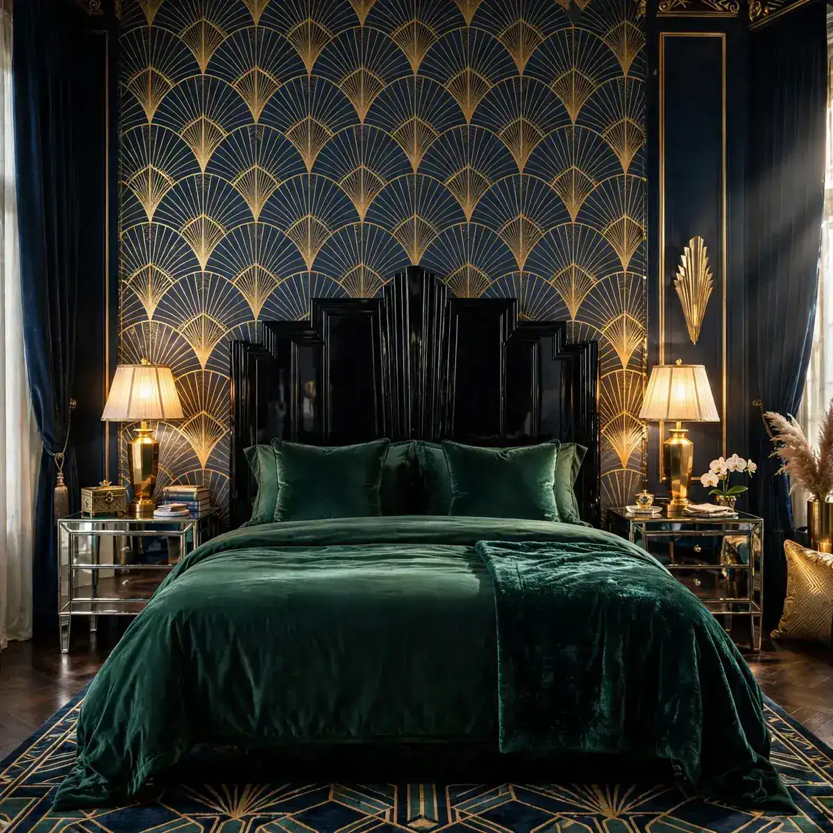 art deco bedroom ideas: gold and navy fan-pattern geometric wallpaper behind a black lacquered bed with brass lamps