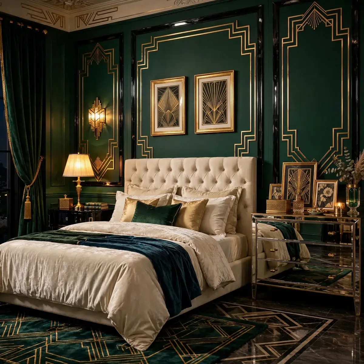 art deco bedroom ideas: emerald green bedroom with black trim, gold accents, and cream velvet bed