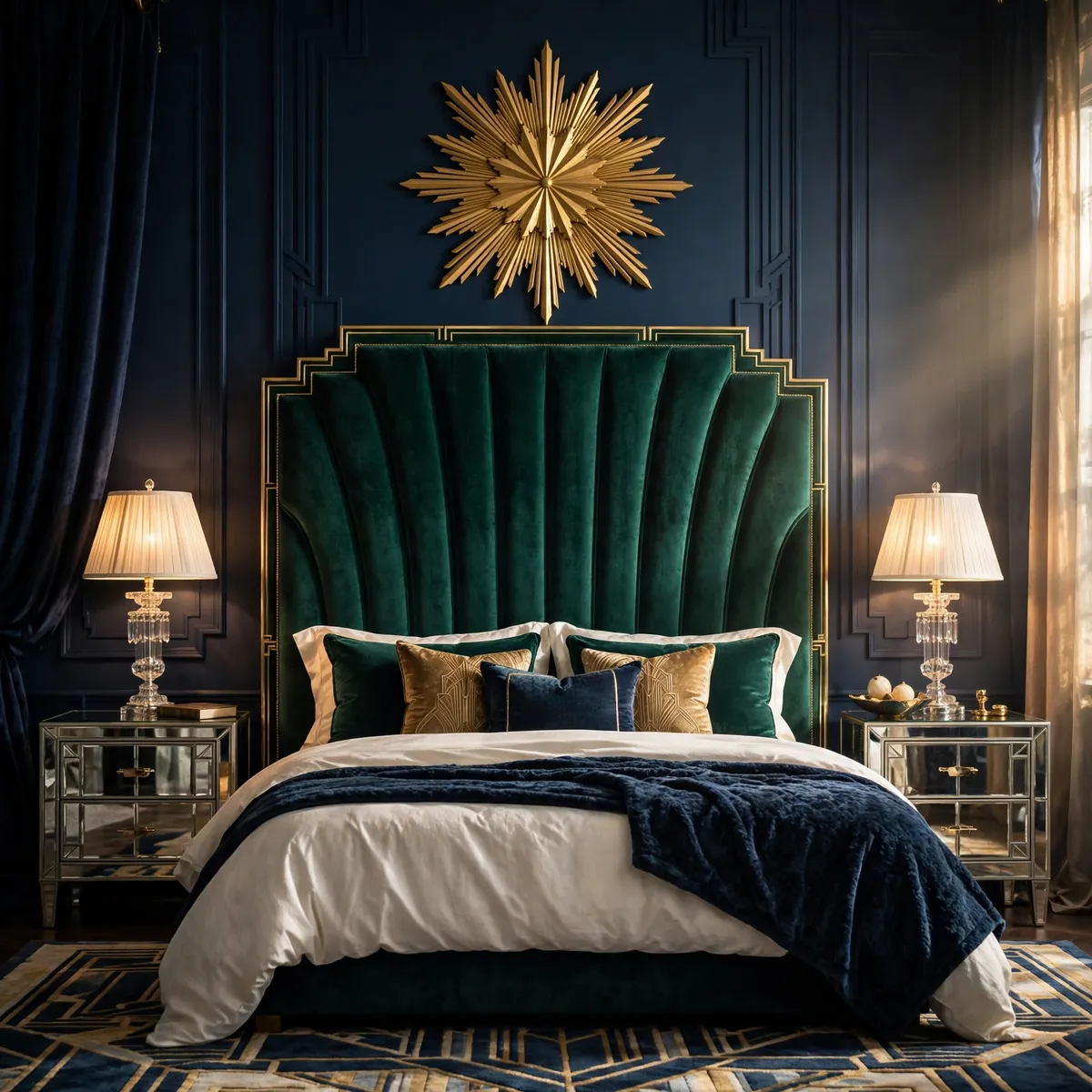 art deco bedroom ideas: tall channel-tufted emerald velvet headboard with brass trim and mirrored nightstands