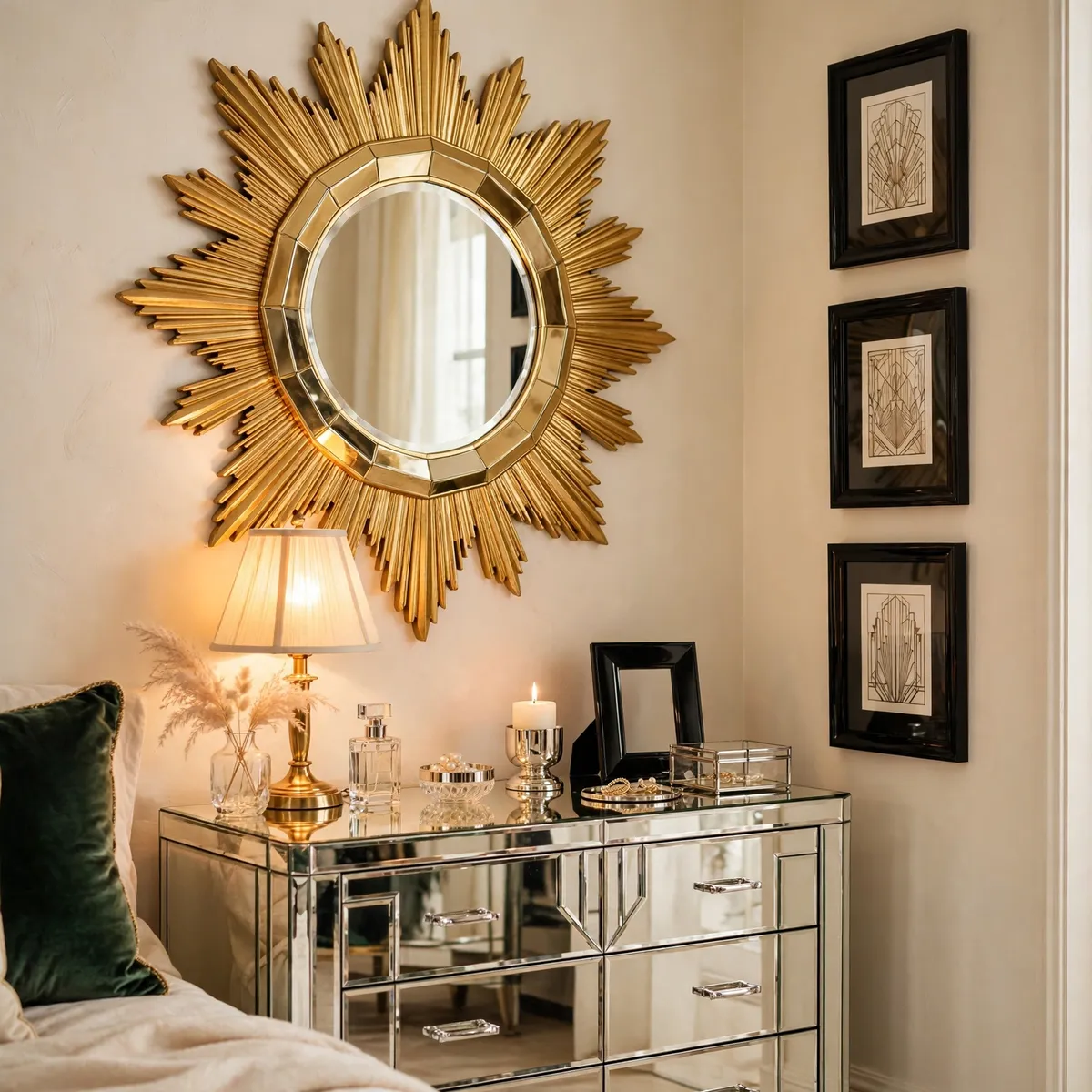 art deco bedroom ideas: gold sunburst mirror and mirrored dresser reflecting warm lamplight in an art deco bedroom