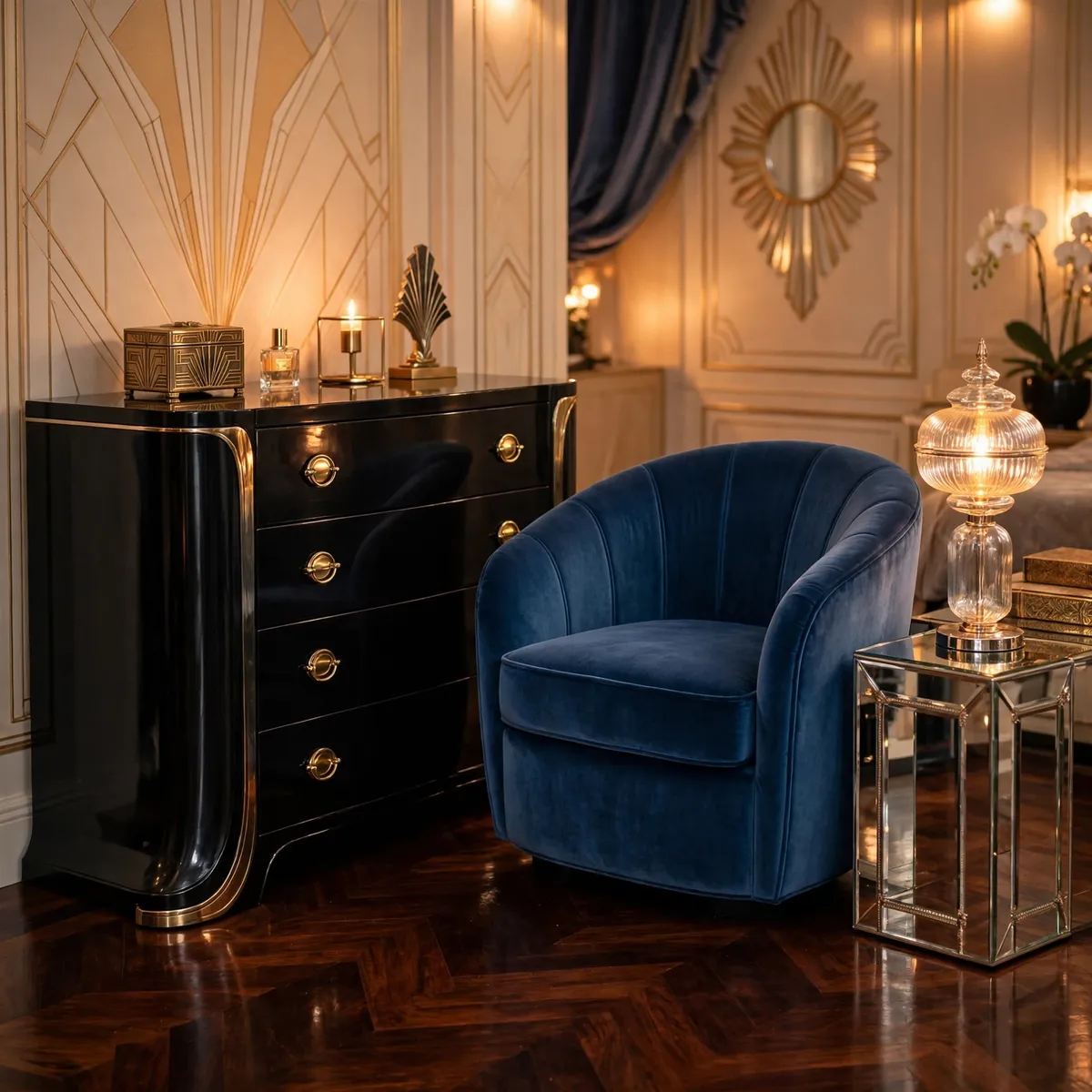 art deco bedroom ideas: black lacquered curved dresser with brass hardware and sapphire velvet armchair