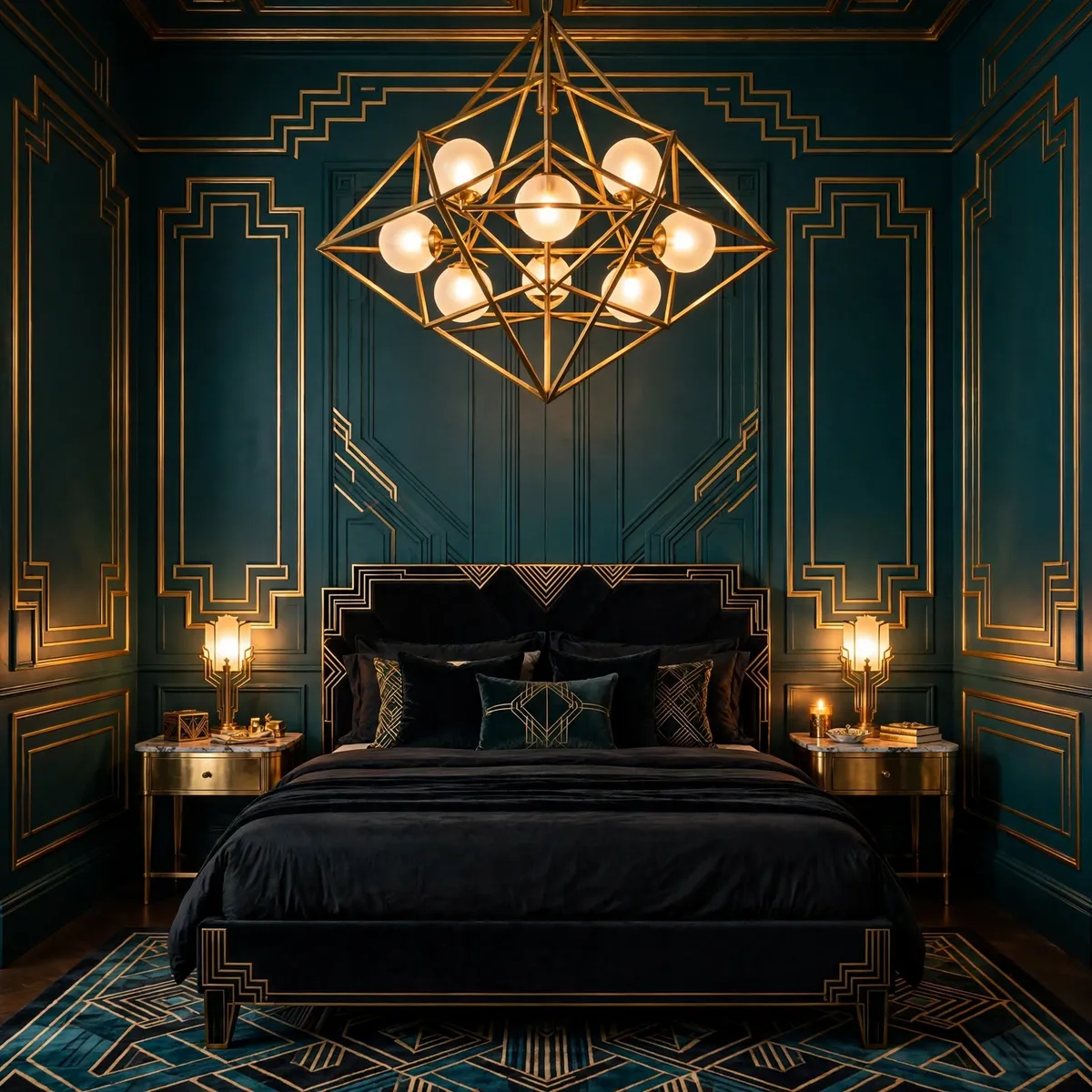 art deco bedroom ideas: sculptural geometric brass chandelier with frosted glass globes above a velvet bed