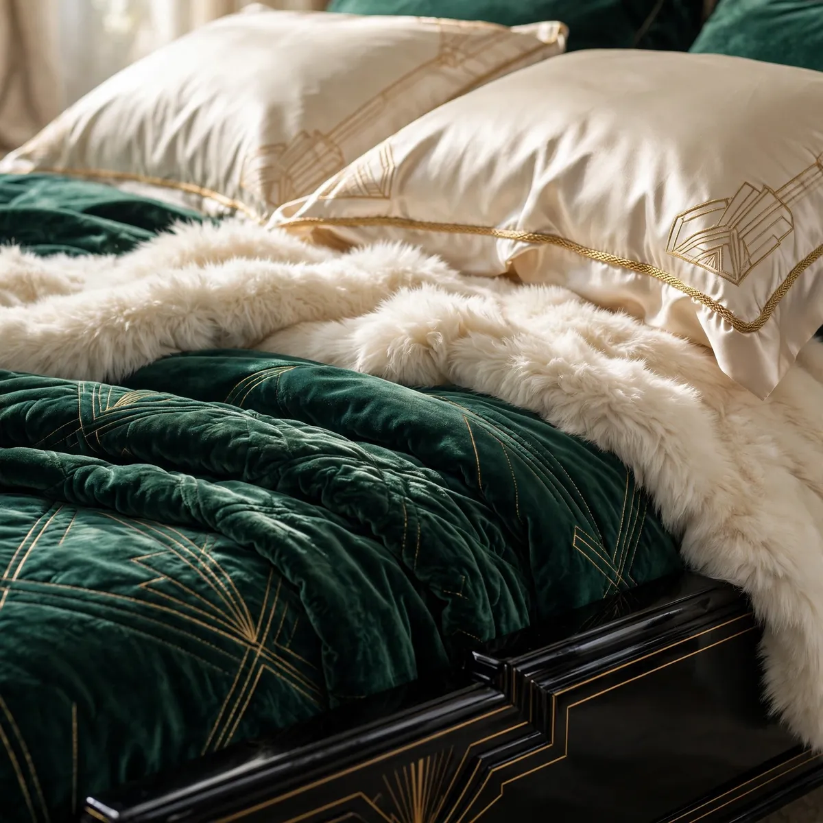 art deco bedroom ideas: close-up of emerald velvet bedding with champagne silk pillows and faux fur throw