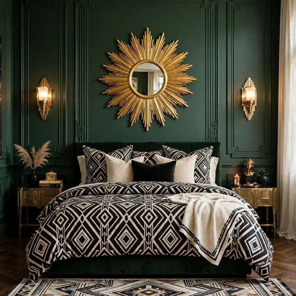 art deco bedroom ideas: gold sunburst mirror above a bed with black and cream geometric bedding and brass sconces