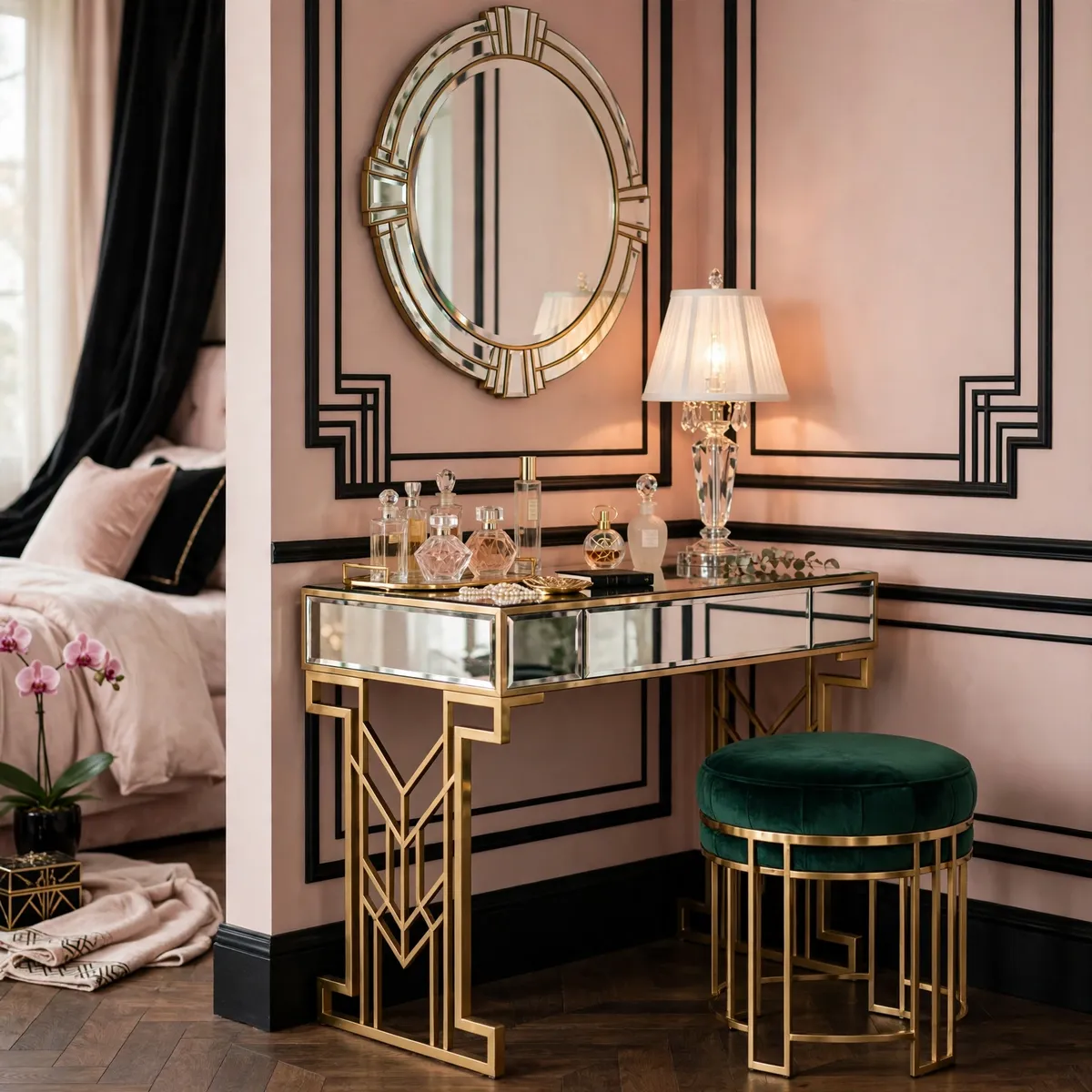 art deco bedroom ideas: mirrored vanity with gold legs, emerald velvet stool, and beveled mirror in a bedroom corner