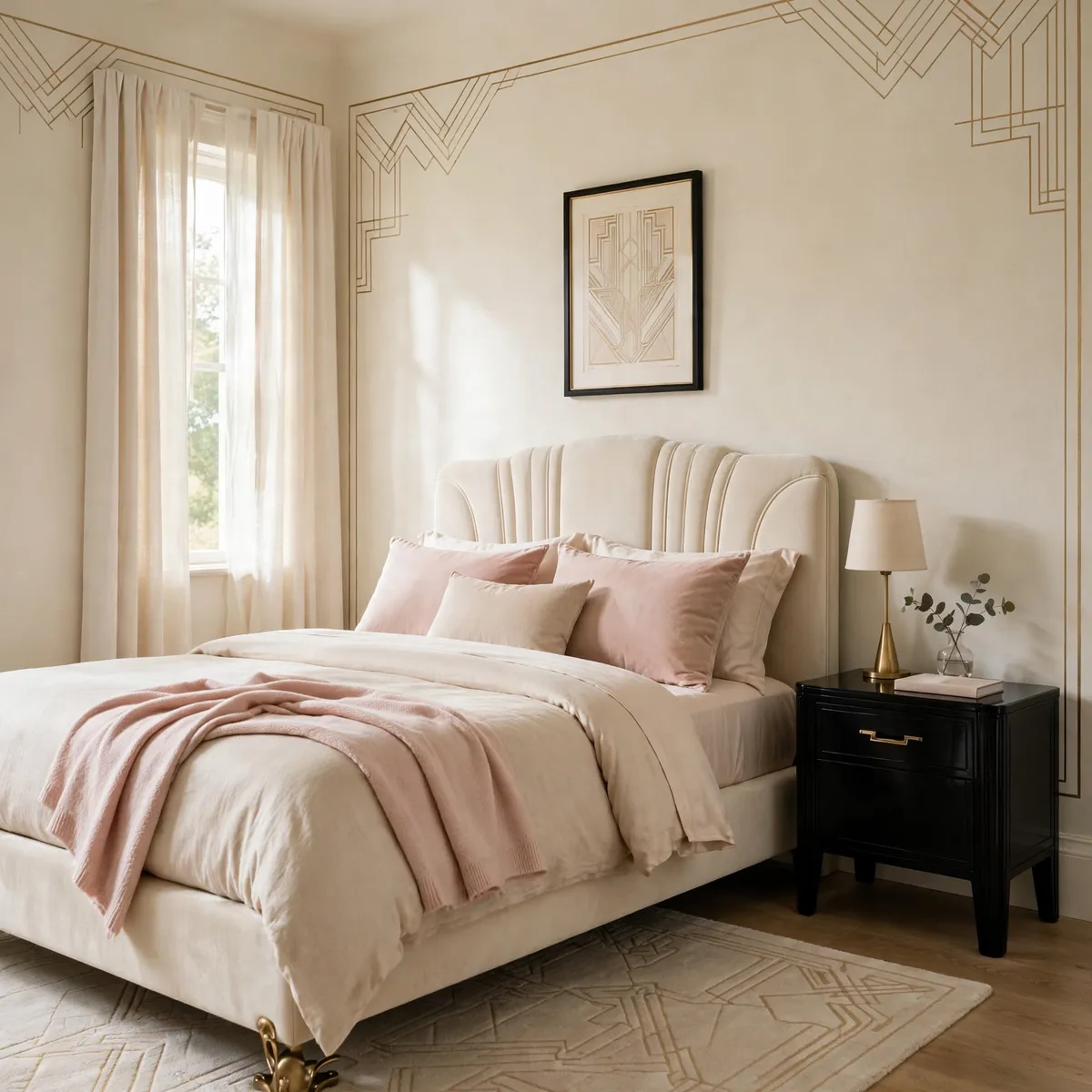 art deco bedroom ideas: serene cream art deco bedroom with subtle gold molding and champagne bedding
