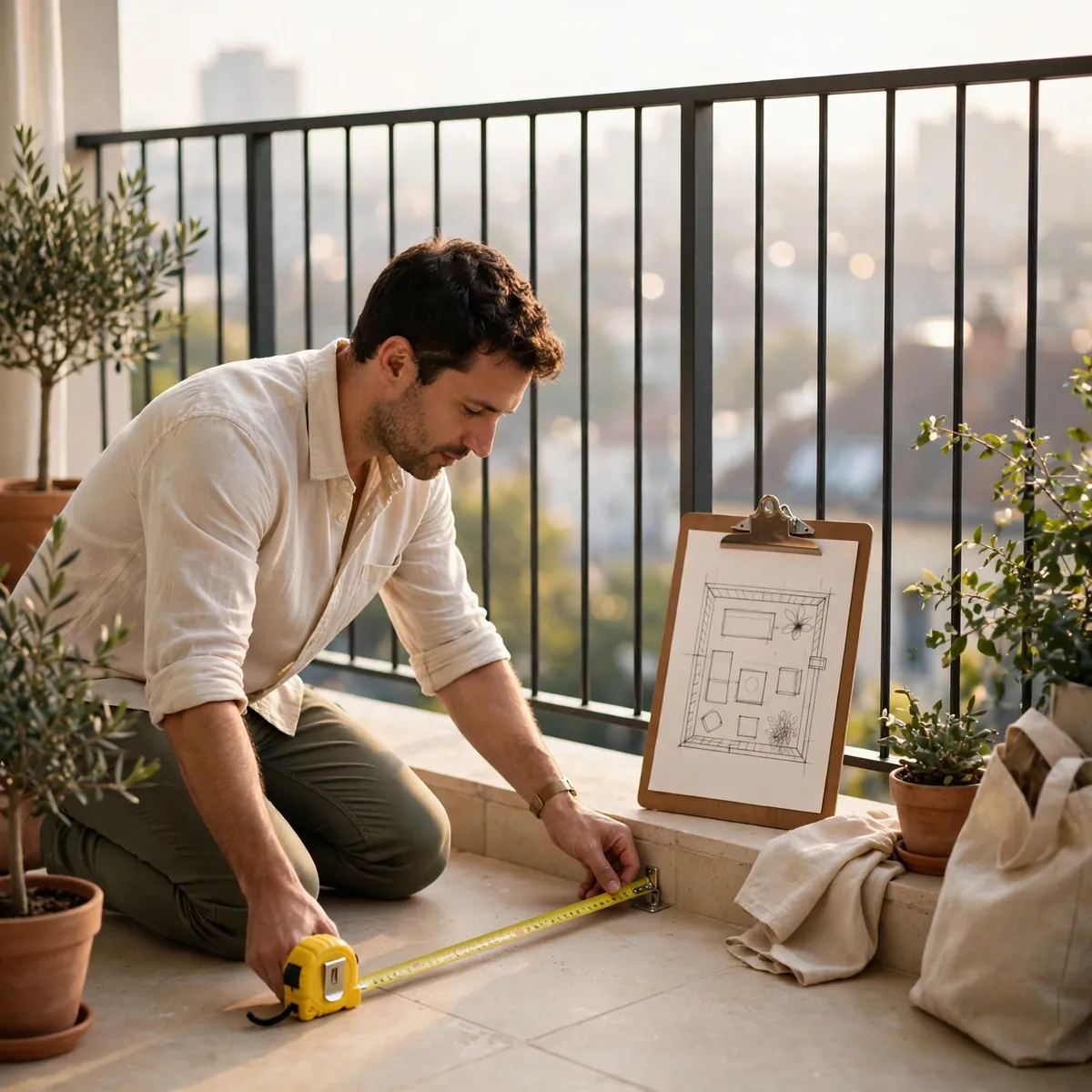 small balcony decor ideas: measuring a small balcony floor with a tape measure and layout sketch