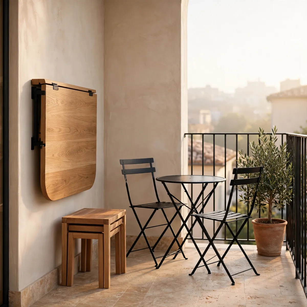 small balcony decor ideas: slim folding bistro set and wall-mounted drop-leaf table on a small balcony