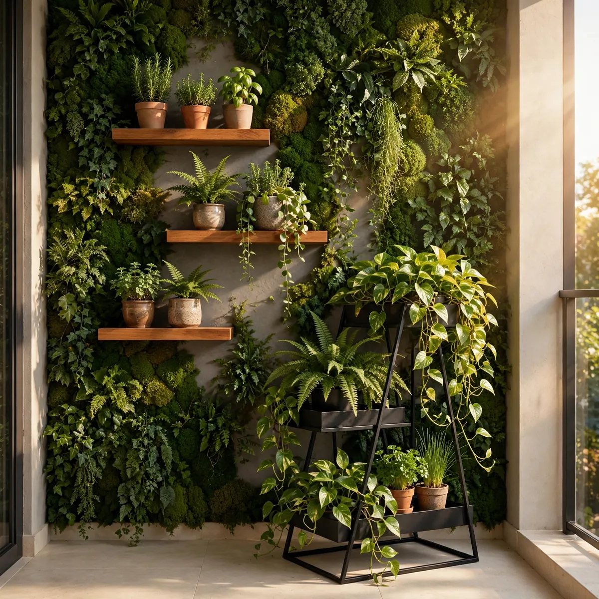 small balcony decor ideas: vertical wall shelves and tiered plant stand with lush greenery
